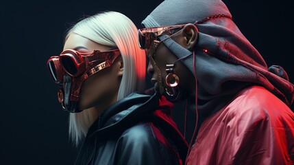 Cyberpunk Chic Futuristic Pair in Streetwear Combining Style - obrazy, fototapety, plakaty