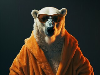 a polar bear wearing sunglasses and a robe