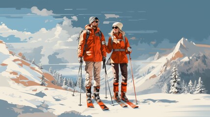Classic Chic Duo Sporting Retro Ski Resort Attire with Style - obrazy, fototapety, plakaty