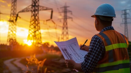Engineering working on high-voltage tower, check the information on paper at sunset background