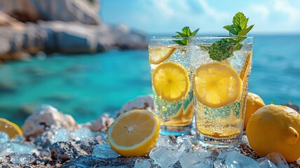 Lemonade, with ice and mint. Two glasses on the side. The beach and the ocean in the background.