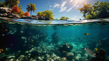 A tropical island with white sandy beaches, palm trees, and a coral reef teeming with colorful marine life.