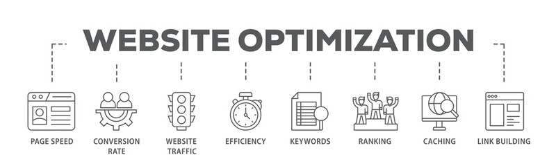 Website optimization banner web icon illustration concept with icon of page speed, conversion rate, website traffic, efficiency, keywords, ranking, caching  icon live stroke and easy to edit  © Tiger