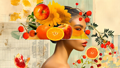  Abstract portrait woman with fruits and flowers. Modern art trendy collage on vintage background.