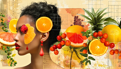  Abstract portrait woman with fruits and flowers. Modern art trendy collage on vintage background.