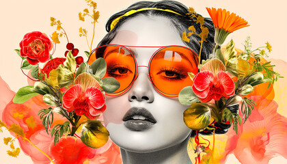  Abstract portrait woman with orange glasses and flowers. Modern art trendy collage. Retro Grain Effect