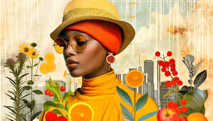 A woman wearing a yellow dress and a hat is surrounded by a variety of fruits. Modern art trendy collage on vintage background.