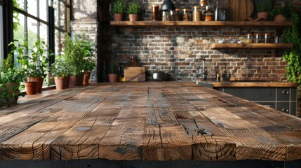 The rough texture of a reclaimed wooden table top contrasts with the soft blur of a modern kitchen setting behind. This juxtaposition creates a dynamic space for marketing eco-friendly