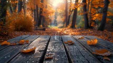 The surface of a wooden table framing a soft, blurred background of an autumnal forest park, the fall colors creating a warm and inviting atmosphere for seasonal product displays - obrazy, fototapety, plakaty