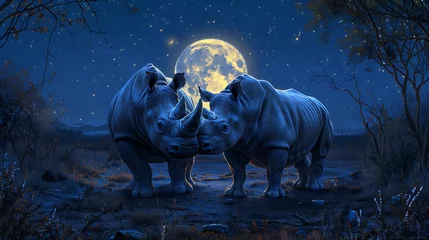 Rolgordijnen rhinos in the savannah at night © Manja