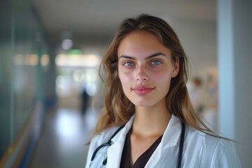 Fototapeta premium Smiling young attractive female healthcare worker posing looking at the camera at a hospital ward