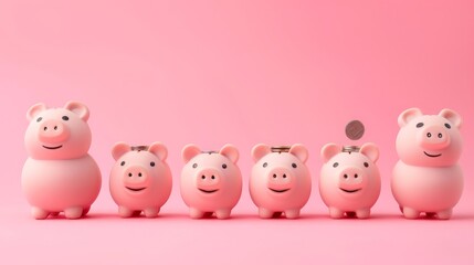 Pink piggy banks increasing in size, with coins falling into largest one.