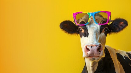 Cartoon character cow head wearing tinted glasses, attention is paid to the details of the tinted glasses, adding reflections and shadows to make them look believable on the cow's face - obrazy, fototapety, plakaty