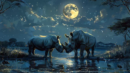 Tuinposter rhinos in the moonlight © Manja