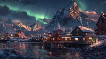 Fototapeten the winter fishing village to find the best vantage points for capturing the scenic beauty of the Northern Lights against the backdrop of the village and Reinefjord, ensuring authenticity and realism © Светлана Канунникова