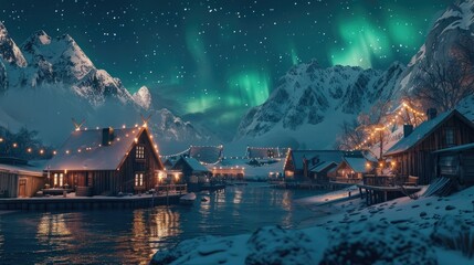 the winter fishing village to find the best vantage points for capturing the scenic beauty of the Northern Lights against the backdrop of the village and Reinefjord, ensuring authenticity and realism