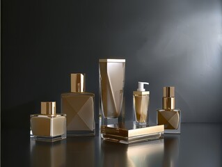 Golden skin care products and clean background, golden metallic texture,