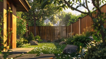 Obraz premium the welcoming home and wooden fence in the soft, natural light of a bright and sunny day to accentuate the warmth and texture of the wood, creating a realistic and inviting atmosphere
