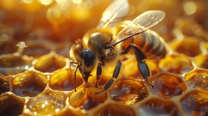 Witness a bee diligently transferring nectar into honeycomb cells amidst honey slices, showcasing the intricate process of honey production. - obrazy, fototapety, plakaty