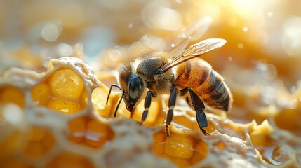 Witness a bee diligently transferring nectar into honeycomb cells amidst honey slices, showcasing the intricate process of honey production - obrazy, fototapety, plakaty