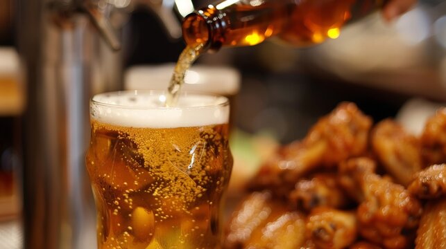 pouring beer with chicken wings in background.
