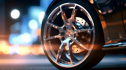 Aluminum Rim on Sports Car Wheel: Defocused Background

