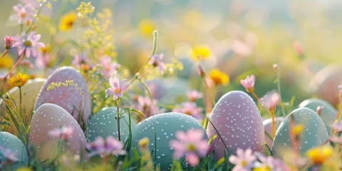 Photo sur Plexiglas Lavende Close up of spring landscape with wild flowers in green grass on meadow with Easter eggs.