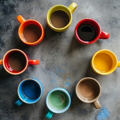 Obraz na płótnie Canvas Vibrant and Sharply Detailed Top-View Empty Coffee Mugs Flat Lay