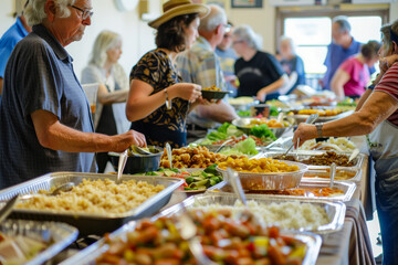 People serving themselves at a local community buffet with a variety of dishes - obrazy, fototapety, plakaty