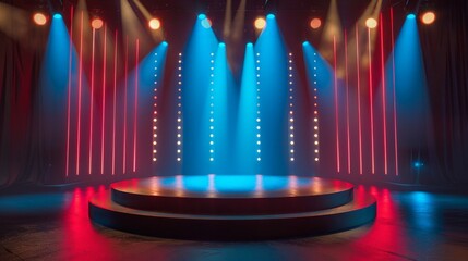Stage podium with lighting, Stage Podium Scene with for Award Ceremony on blue Background,