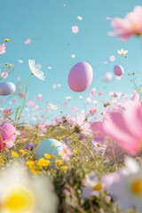 Spring background with wild flowers in green grass on meadow with Easter eggs levitating.