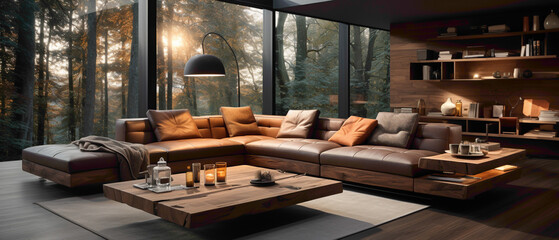 Obraz na płótnie Canvas Transform your living area with a modular corner sofa, embodying the essence of minimalist design in a generously spaced room. 