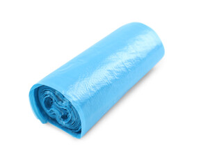 Roll of light blue garbage bags isolated on white
