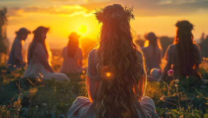 Witches' Spring Equinox Renewal Ritual in Nature. Spring Equinox Meditation by  Women in Nature's Blossom - obrazy, fototapety, plakaty