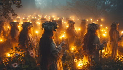 Ethereal Candlelit Gathering of Witches in Misty Forest Celebrating Spring Equinox - obrazy, fototapety, plakaty