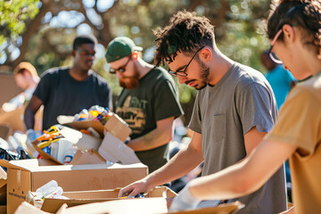 Volunteers sorting donations in community park