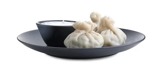 Fotobehang Tasty khinkali (dumplings) with sauce and spices isolated on white. Georgian cuisine © New Africa