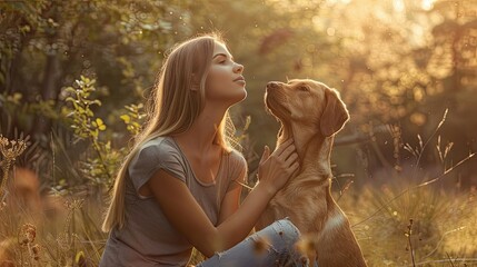 the woman and her pet to engage in natural and relaxed poses and expressions. This authenticity enhances the realism of the scene and conveys genuine enjoyment of nature and companionship. - obrazy, fototapety, plakaty