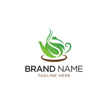 Tea logo concept, teapot with leaves vector design template