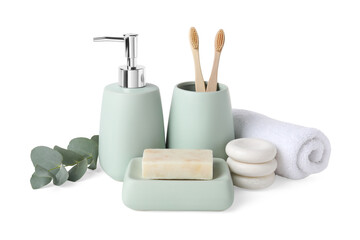 Bath accessories. Set of different personal care products and eucalyptus leaves isolated on white