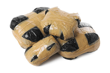 Packages with narcotics isolated on white. Drug addiction