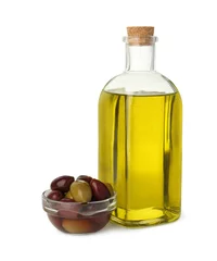 Fotobehang Vegetable fats. Bottle of cooking oil and olives isolated on white © New Africa