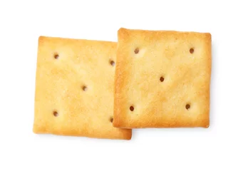 Fotobehang Two crispy crackers isolated on white, top view. Delicious snack © New Africa