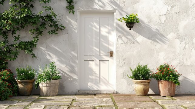 A bright white front door surrounded by flowers and other potted plants and an armchair or bench in front, in a modern, minimalist style. Beautiful entrance to the house.