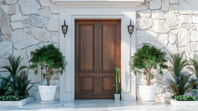 Close-up of the wooden front door of a white house, flanked by potted flowers and other plants, in a modern minimalist style. Beautiful entrance to the house.