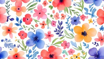 Fototapeta na wymiar Seamless watercolor flower pattern with colorful flowers on a white background 