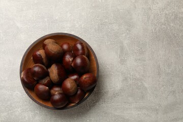 Roasted edible sweet chestnuts in bowl on light grey table, top view. Space for text