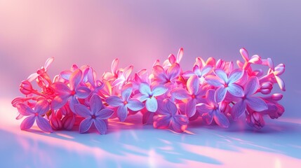 a bunch of pink flowers sitting next to each other on a blue and pink background with a blurry background.