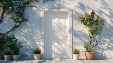 A bright white front door surrounded by flowers and other potted plants and an armchair or bench in front, in a modern, minimalist style. Beautiful entrance to the house.