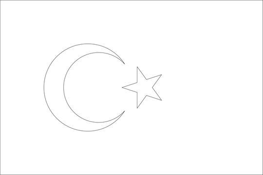 Turkey flag - thin black vector outline wireframe isolated on white background. Ready for colouring.